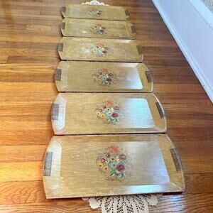 Vintage Hasko Wood Grain 16" Papered Serving Trays Floral Lithographed 1940s set